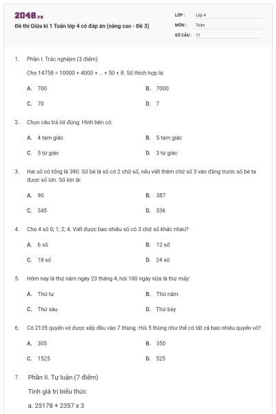 Đề thi Giữa kì 1 Toán lớp 4 có đáp án (nâng cao - Đề 3)