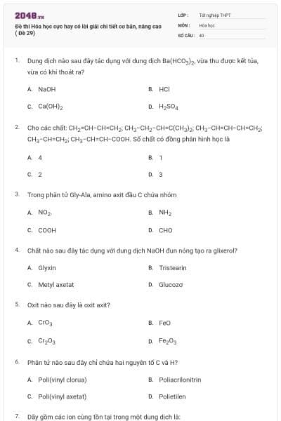 Đề thi Hóa học cực hay có lời giải chi tiết cơ bản, nâng cao ( Đề 29)