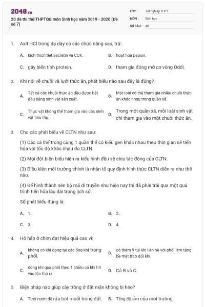 20 đề thi thử THPTQG môn Sinh học năm 2019 - 2020 (Đề số 7)