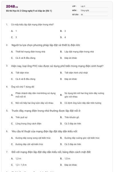 Đề thi Học kì 2 Công nghệ 9 có đáp án (Đề 1)