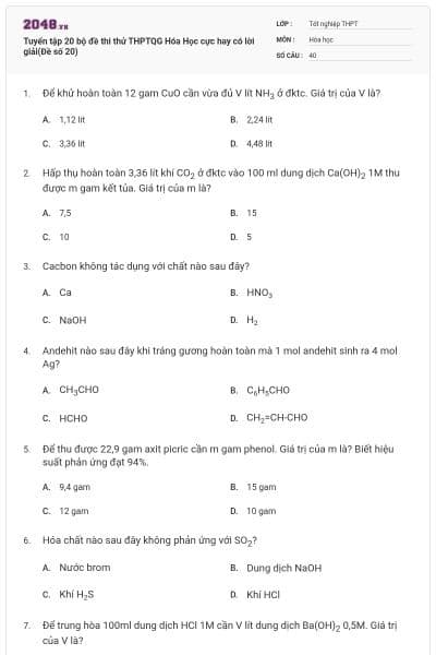 Tuyển tập 20 bộ đề thi thử THPTQG Hóa Học cực hay có lời giải(Đề số 20)