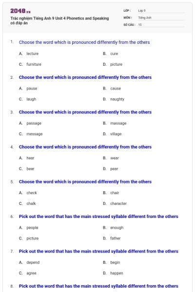 Trắc nghiệm Tiếng Anh 9 Unit 4 Phonetics and Speaking có đáp án
