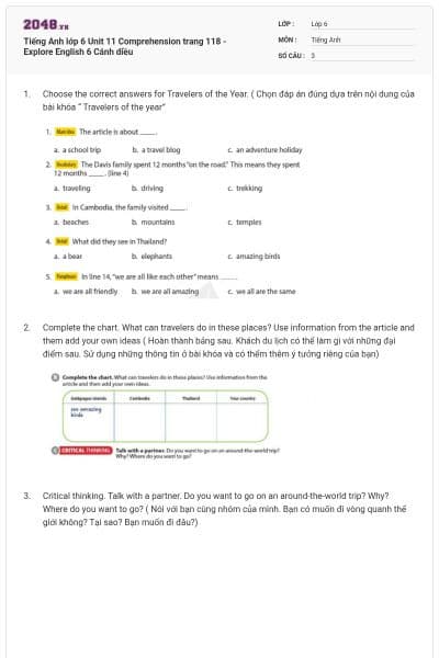 Tiếng Anh lớp 6 Unit 11 Comprehension trang 118 - Explore English 6 Cánh diều