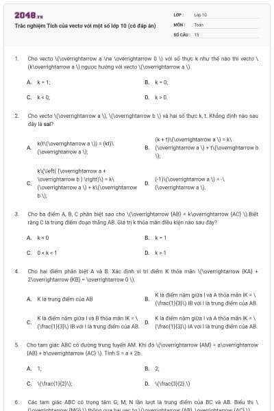 Trắc nghiệm Tích của vectơ với một số lớp 10 (có đáp án)