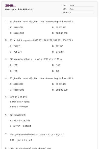 Đề thi học kì I Toán 4 (Đề số 8)