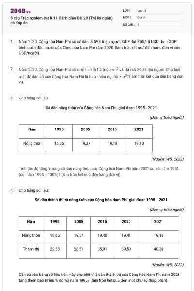 8 câu Trắc nghiệm Địa lí 11 Cánh diều Bài 29 (Trả lời ngắn) có đáp án