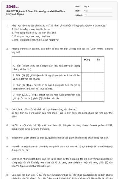 Giải SBT Ngữ văn 8 Cánh diều Vẻ đẹp của bài thơ Cảnh khuya có đáp án