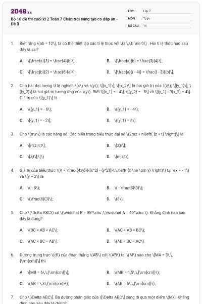 Bộ 10 đề thi cuối kì 2 Toán 7 Chân trời sáng tạo có đáp án - Đề 3