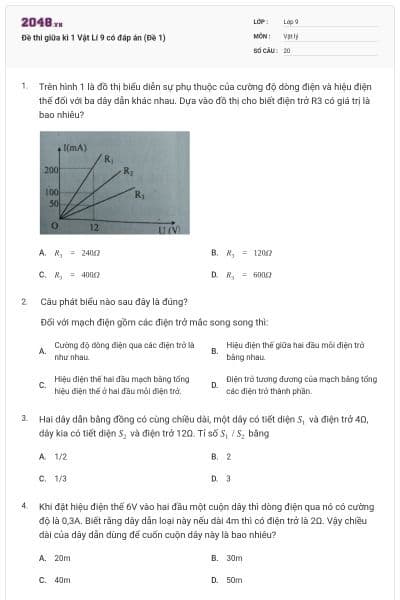 Đề thi giữa kì 1 Vật Lí 9 có đáp án (Đề 1)