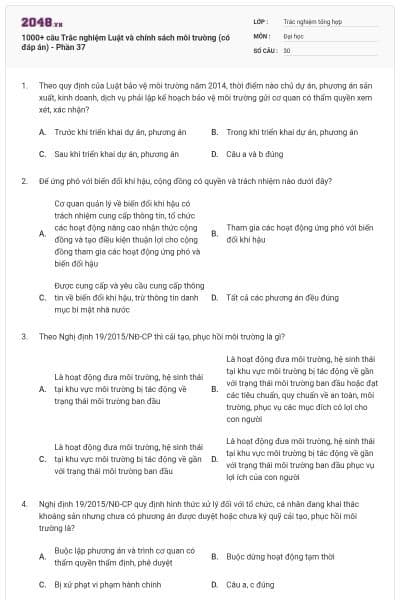 1000+ câu Trắc nghiệm Luật và chính sách môi trường (có đáp án) - Phần 37