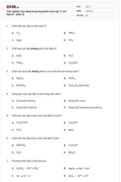 Trắc nghiệm Cân bằng trong dung dịch nước lớp 11 (có đáp án - phần 2)