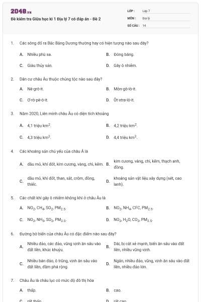 Đề kiểm tra Giữa học kì 1 Địa lý 7 có đáp án - Đề 2