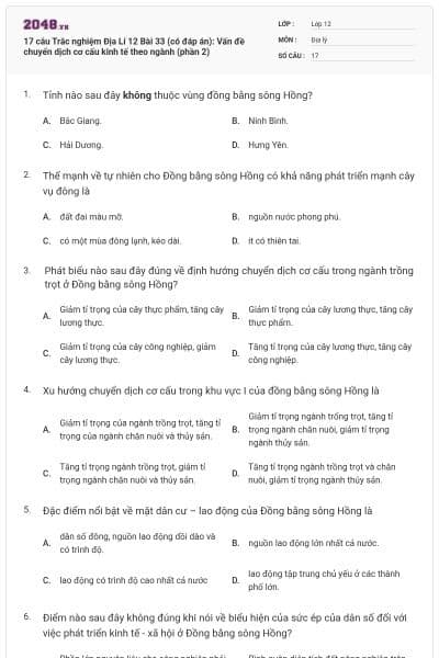 17 câu Trắc nghiệm Địa Lí 12 Bài 33 (có đáp án): Vấn đề chuyển dịch cơ cấu kinh tế theo ngành (phần 2)