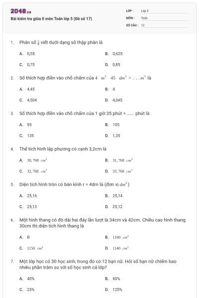 Bài kiểm tra giữa II môn Toán lớp 5 (Đề số 17)