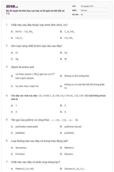 Bộ đề luyện thi Hóa Học cực hay có lời giải chi tiết (Đề số 11)