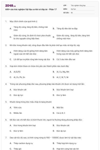 600+ câu trắc nghiệm Vật liệu cơ khí có đáp án - Phần 17