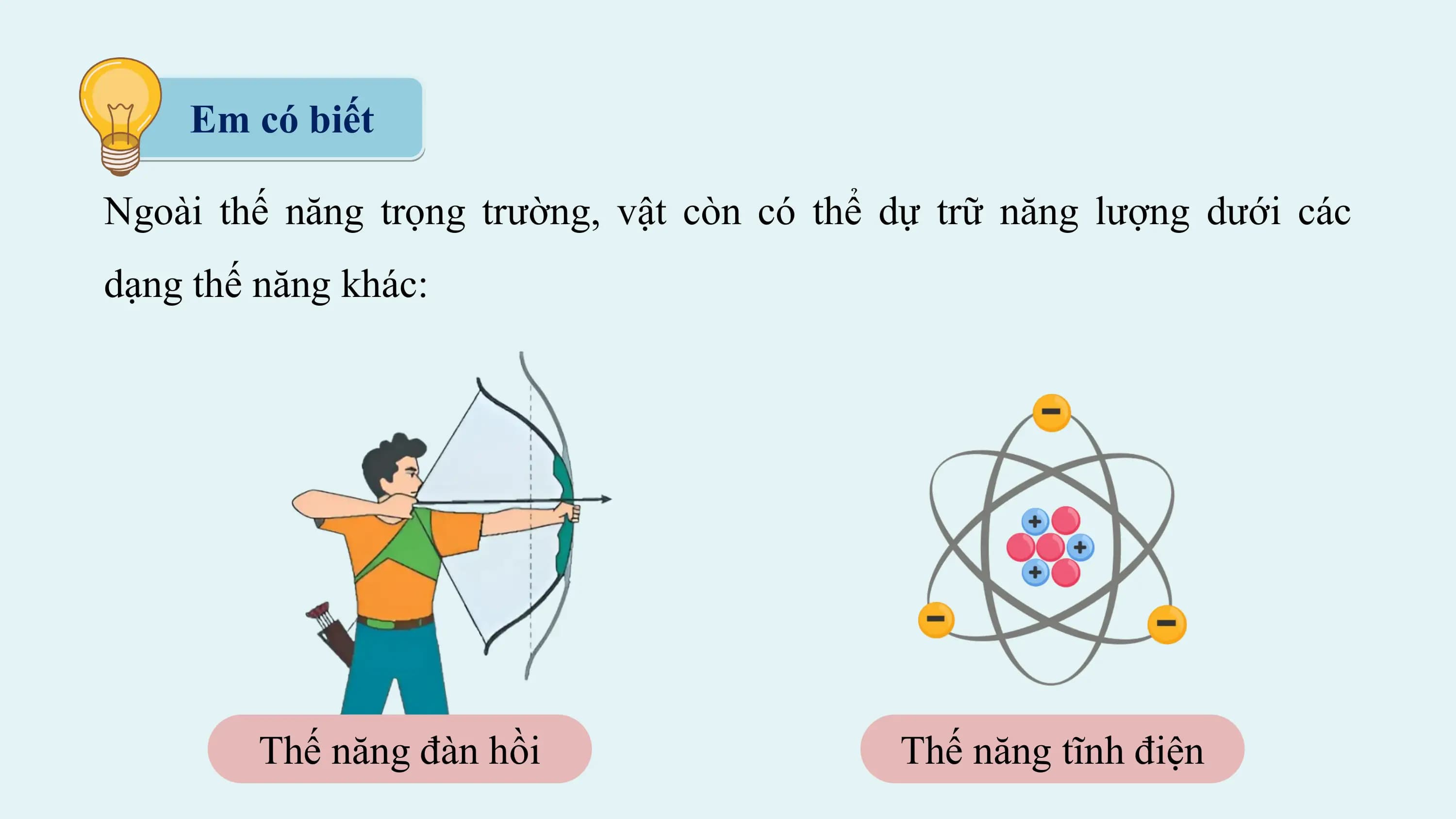 Em có biết

Ngoài thế năng trọng trường, vật còn có thể dự trữ năng lượng dưới các
dạng thế năng khác:

 Thế năng đàn hồi Thế năng tĩnh điện