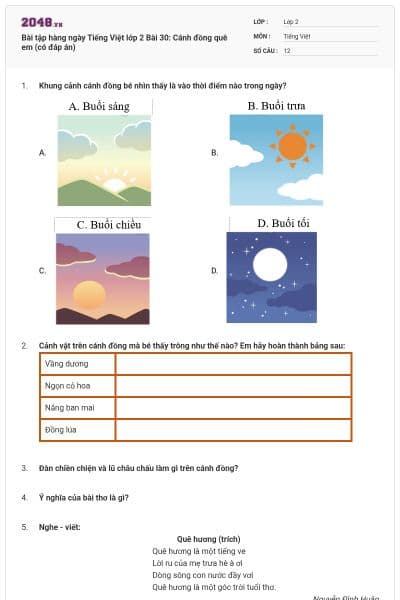 Bài tập hàng ngày Tiếng Việt lớp 2 Bài 30: Cánh đồng quê em (có đáp án)