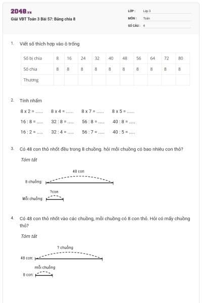 Giải VBT Toán 3 Bài 57: Bảng chia 8