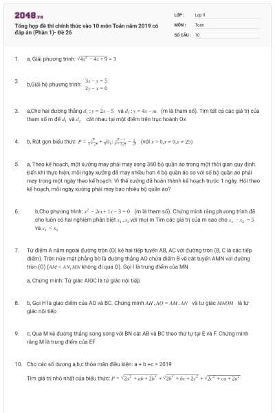 Tổng hợp đề thi chính thức vào 10 môn Toán năm 2019 có đáp án (Phần 1)- Đề 26