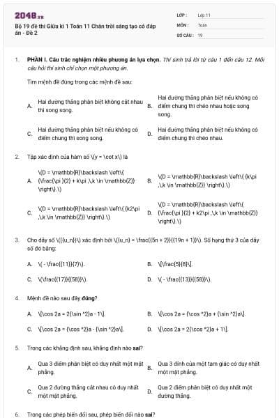 Bộ 19 đề thi Giữa kì 1 Toán 11 Chân trời sáng tạo  có đáp án - Đề 2