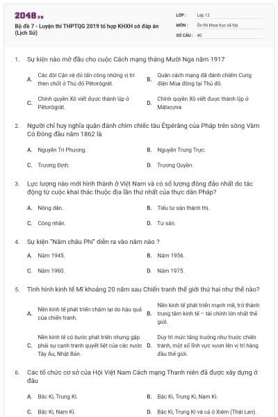 Bộ đề 7 - Luyện thi THPTQG 2019 tổ hợp KHXH có đáp án (Lịch Sử)