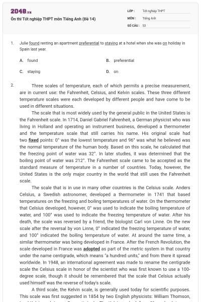 Ôn thi Tốt nghiệp THPT môn Tiếng Anh (Đề 14)