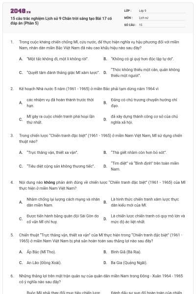 15 câu trắc nghiệm Lịch sử 9 Chân trời sáng tạo Bài 17 có đáp án (Phần 5)