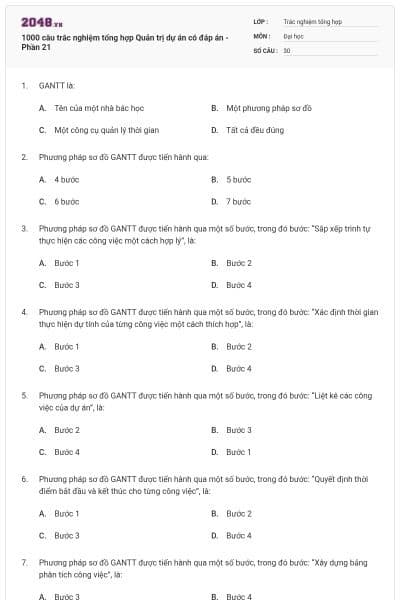 1000 câu trắc nghiệm tổng hợp Quản trị dự án có đáp án  - Phần 21