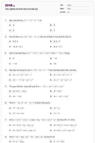 Trắc nghiệm Đa thức lớp 8 (có đáp án)