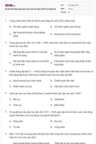 Đề thi thử thpt quốc gia môn Lịch Sử năm 2019 (có đáp án)