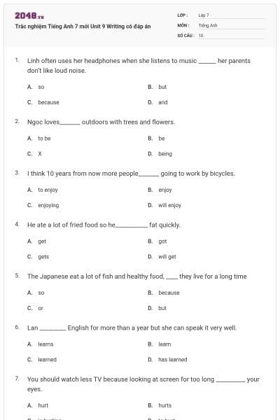 Trắc nghiệm Tiếng Anh 7 mới Unit 9 Writing có đáp án