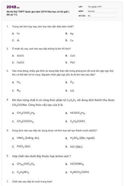 Đề thi thử THPT Quốc gia năm 2019 Hóa học có lời giải ( Đề số 11)