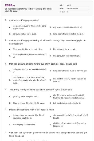 20 câu  Trắc nghiệm GDCD 11 Bài 15 (có đáp án): Chính sách đối ngoại