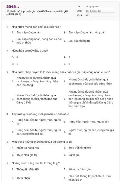 20 đề thi thử thpt quốc gia môn GDCD cực hay có lời giải chi tiết (Đề 4)