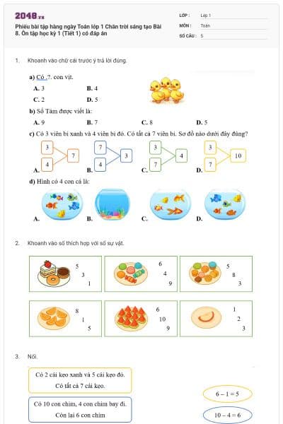 Phiếu bài tập hàng ngày Toán lớp 1 Chân trời sáng tạo Bài 8. Ôn tập học kỳ 1 (Tiết 1) có đáp án