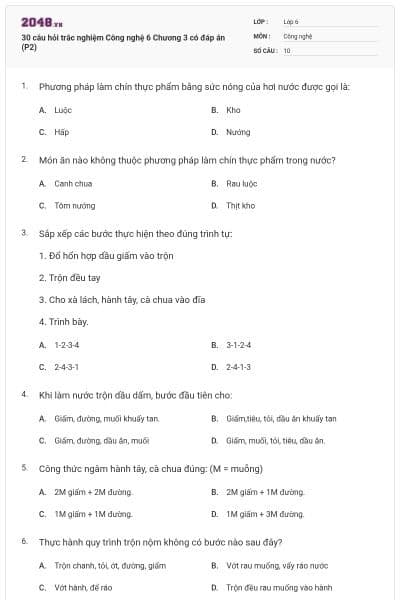 30 câu hỏi trắc nghiệm Công nghệ 6 Chương 3 có đáp án (P2)