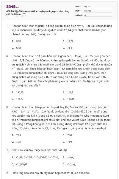 400 Bài tập Sắt và một số kim loại quan trọng cơ bản, nâng cao có lời giải (P9)