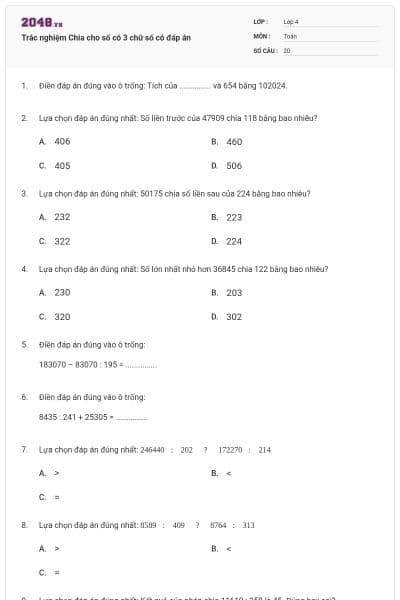 Trắc nghiệm Chia cho số có 3 chữ số có đáp án