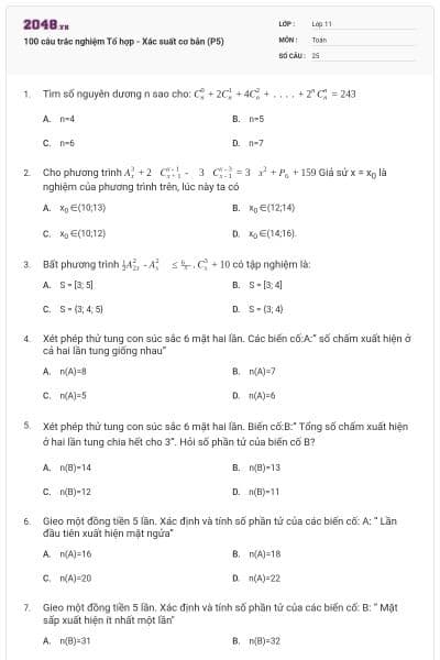 100 câu trắc nghiệm Tổ hợp - Xác suất cơ bản (P5)