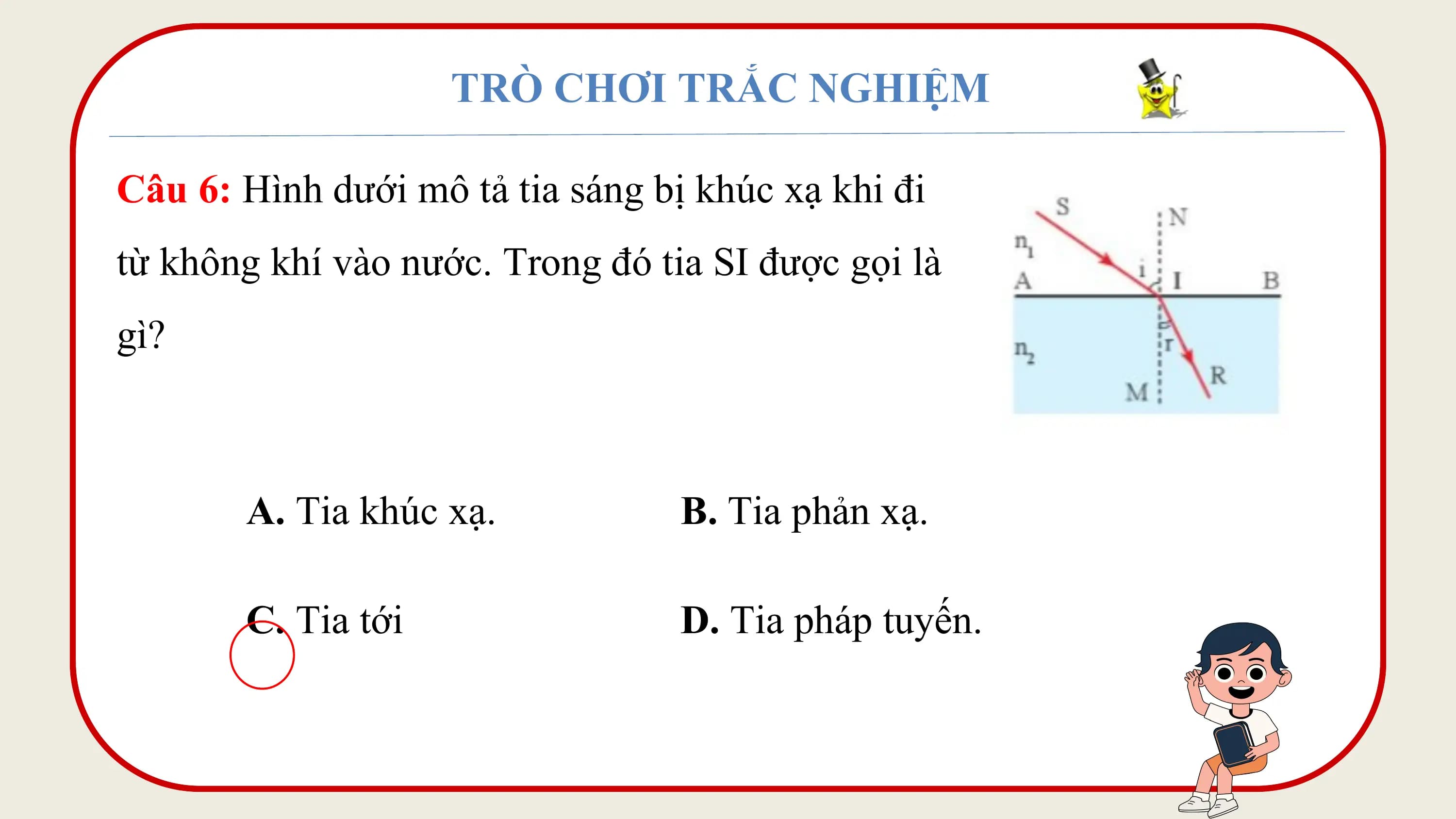TRÒ CHƠI TRẮC NGHIỆM

Câu 6: Hình dưới mô tả tia sáng bị khúc xạ khi đi
từ không khí vào nước. Trong đó tia SI được gọi là
gì?

 A. Tia khúc xạ. B. Tia phản xạ.

 C. Tia tới D. Tia pháp tuyến.