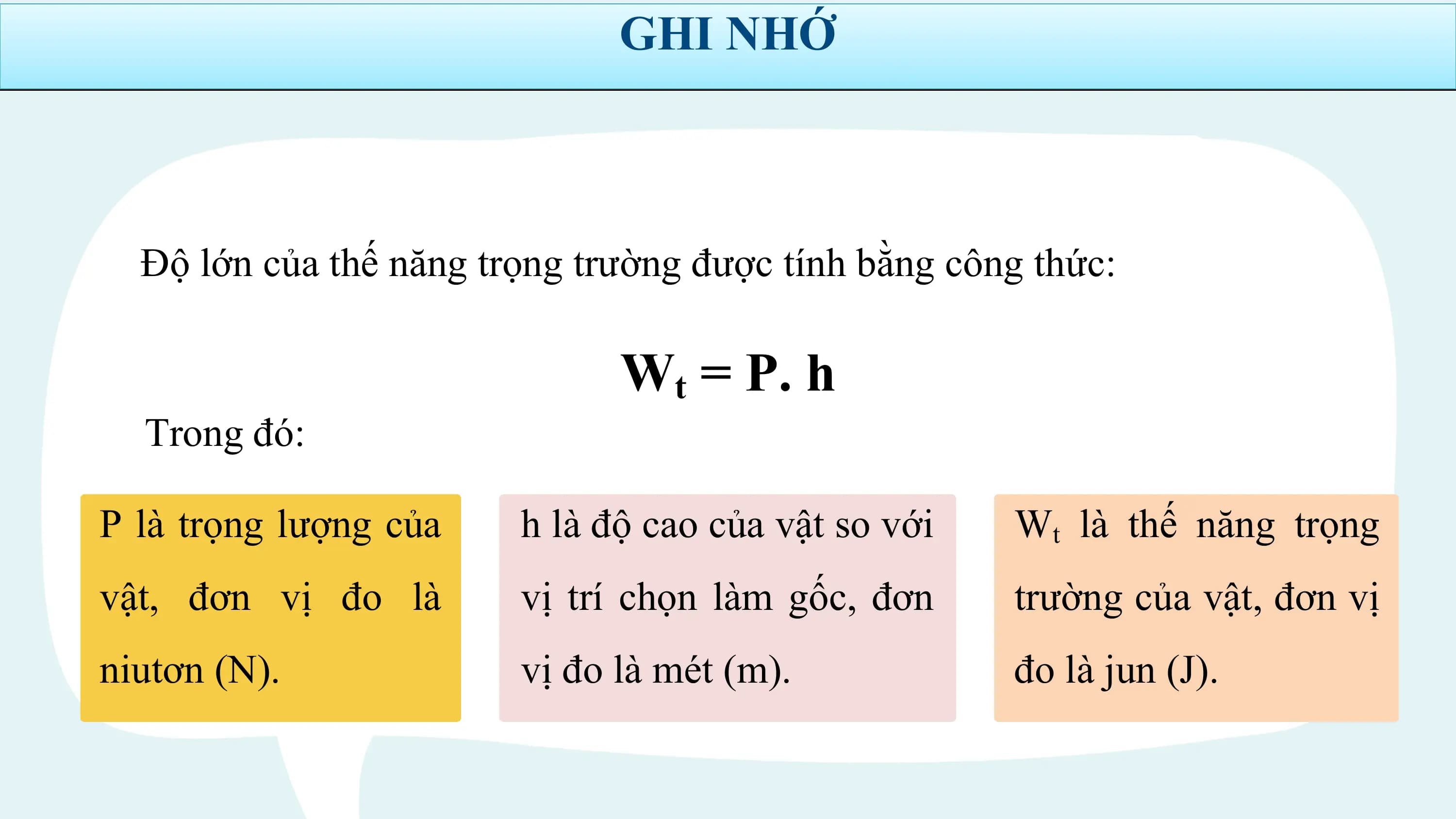 GHI NHỚ

 Độ lớn của thế năng trọng trường được tính bằng công thức:

 Wt = P. h
 Trong đó:

P là trọng lượng của h là độ cao của vật so với Wt là thế năng trọng
vật, đơn vị đo là vị trí chọn làm gốc, đơn trường của vật, đơn vị
niutơn (N). vị đo là mét (m). đo là jun (J).