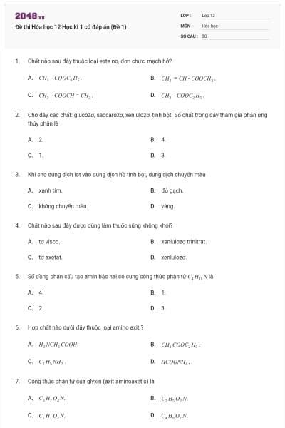 Đề thi Hóa học 12 Học kì 1 có đáp án (Đề 1)