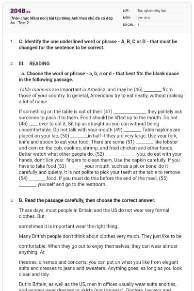 (Viên chức Mầm non) bài tập tiếng Anh theo chủ đề có đáp án - Test 2