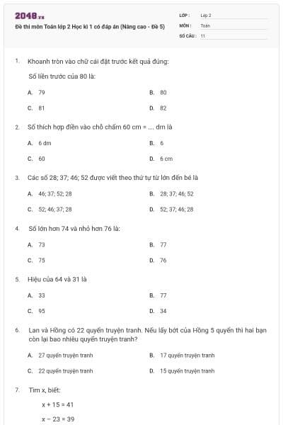 Đề thi môn Toán lớp 2 Học kì 1 có đáp án (Nâng cao - Đề 5)