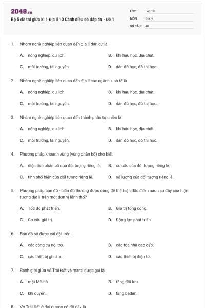 Bộ 5 đề thi giữa kì 1 Địa lí 10 Cánh diều có đáp án - Đề 1