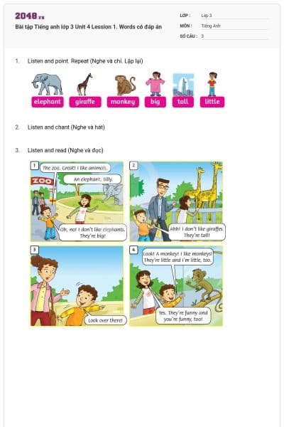 Bài tập Tiếng anh lớp 3 Unit 4 Lession 1. Words có đáp án