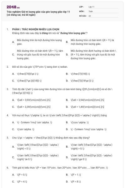 Trắc nghiệm Giá trị lượng giác của góc lượng giác lớp 11 (có đúng sai, trả lời ngắn)