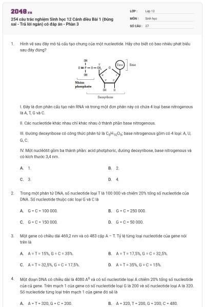 254 câu trắc nghiệm Sinh học 12 Cánh diều Bài 1 (Đúng sai - Trả lời ngắn) có đáp án - Phần 3