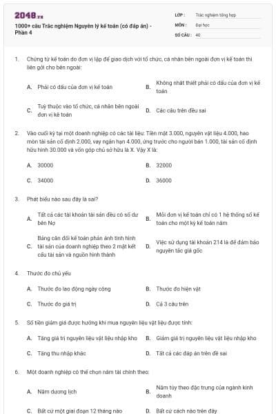 1000+ câu Trắc nghiệm Nguyên lý kế toán (có đáp án) - Phần 4